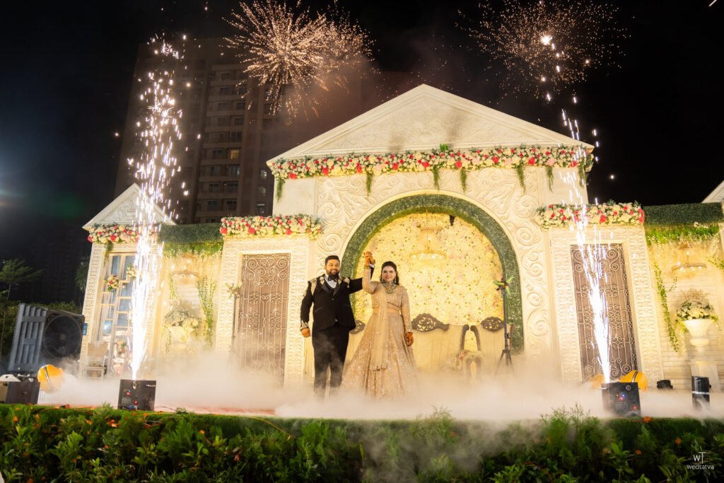 Candid couple portrait of Pournima and Aditya after their wedding at Grand Pavillion Lawn, Thane